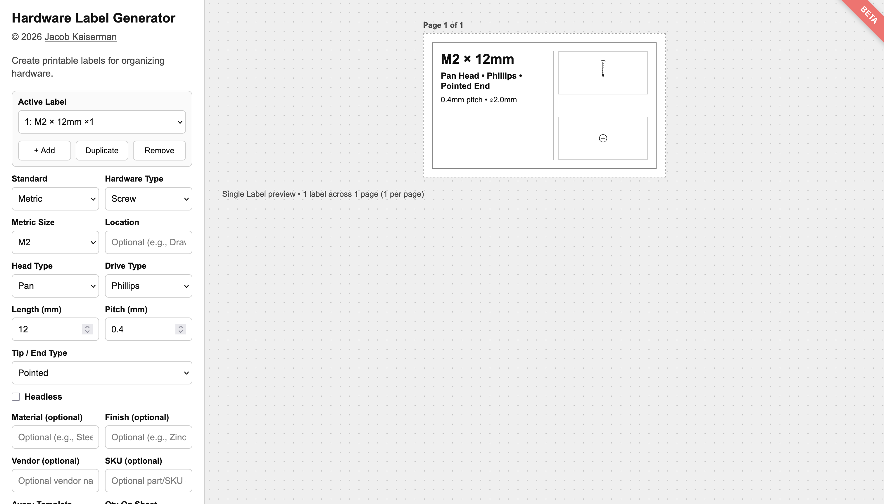Hardware Label Generator